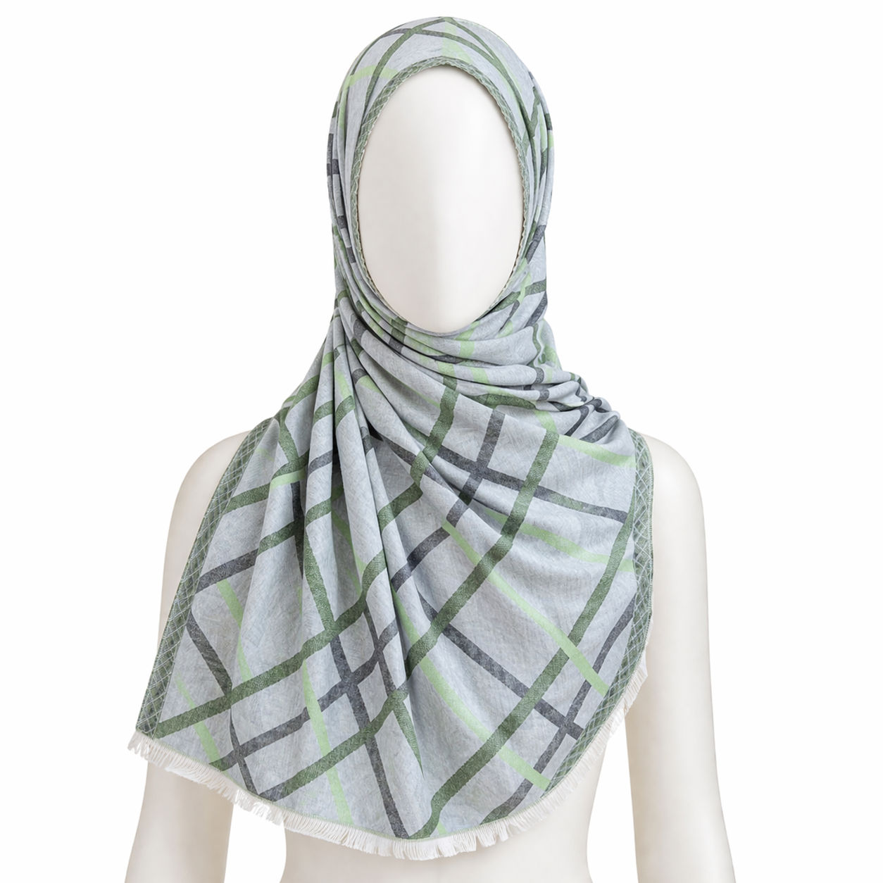 Cotton Scarf With Green Intersecting Lines